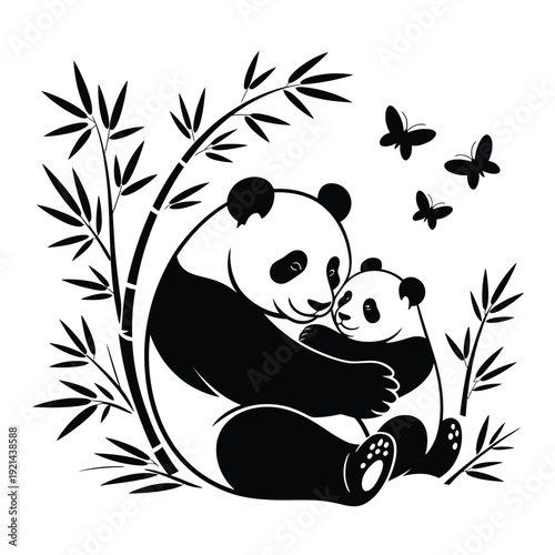 A mother panda lovingly embraces her cub amidst bamboo and butterflies
