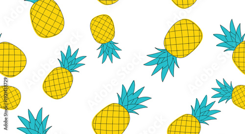 Tropical seamless pattern featuring stylized yellow pineapples with blue leaves on a white background for summer decor.