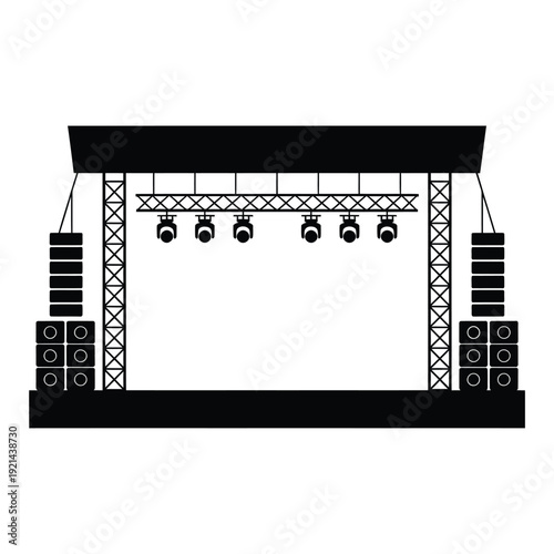 Simple black and white illustration of a concert stage with lighting