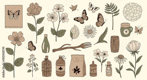 Vintage inspired collection of botanical elements, butterflies, and antique containers in muted earthy color palettes.