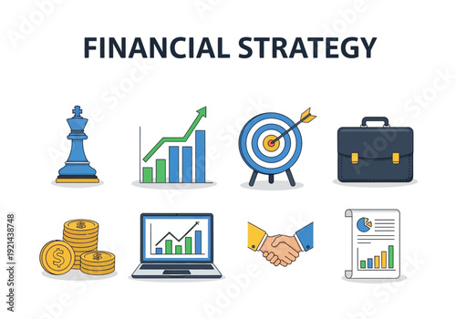 Financial Strategy Icons Representing Business Growth, Investment, and Success