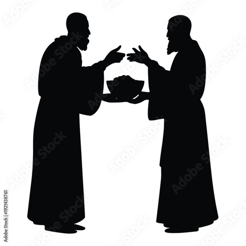 Two monks in silhouette exchange a bowl symbolizing offering or sharing