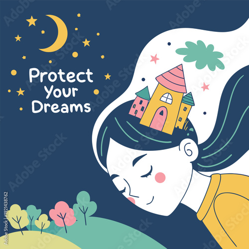 sleeping while tiny glowing dreams float out of their head as miniature worlds, dark blue night palette, whimsical illustration style, include text ‘PROTECT YOUR DREAMS