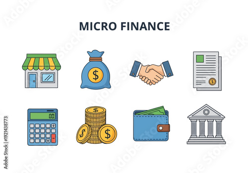 Microfinance Icons Financial Services, Small Business Support, and Economic Growth Concepts