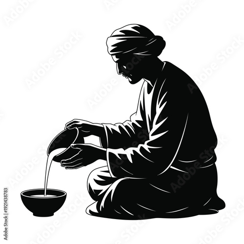 A silhouetted figure pouring liquid from a jug into a bowl