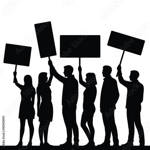 Silhouette of protesters holding blank signs demonstrating for an unknown cause