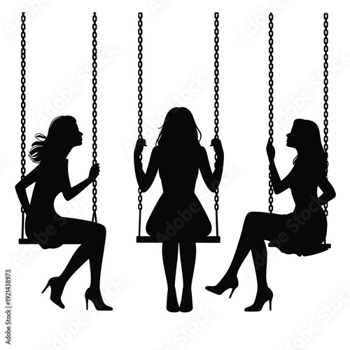 Silhouettes of three women on swings against a white background