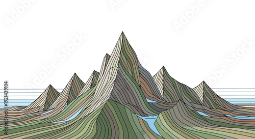 Stylized 3D Topographic Mountain Landscape with Rivers on White Background - Abstract Contour Map Design
