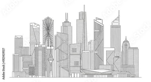 Modern City Skyline Line Art Drawing - Abstract Architectural Sketch of Metropolitan Urban Landscape