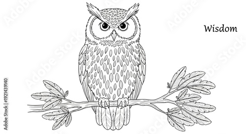 Majestic Owl Perched on Branch Line Art Illustration with Wisdom Text. Detailed Black and White Drawing of a Wise Bird.