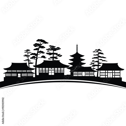 A striking black silhouette depicting traditional japanese architecture and trees