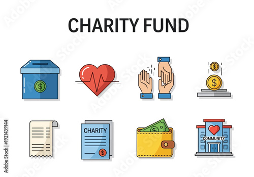 Set of charitable fund icons symbolizing donations, health, support, money, and community giving