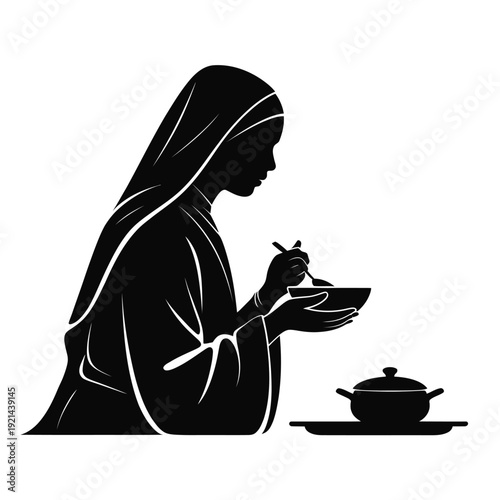 Silhouette of a woman in headscarf eating from a bowl