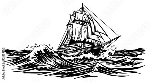 Majestic sailing ship navigating treacherous rough seas with towering waves, black and white vintage engraved illustration.