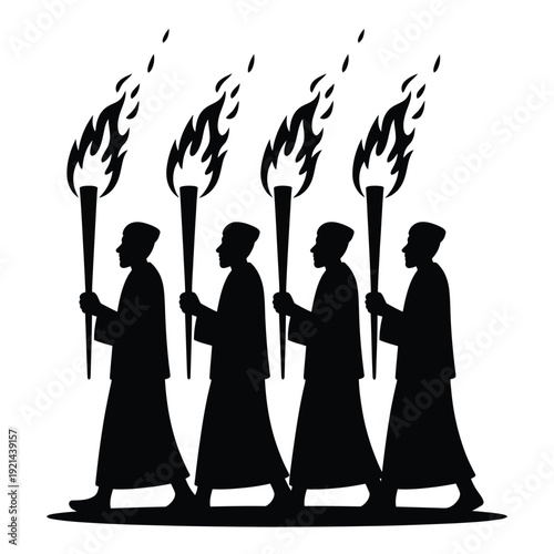 Silhouetted figures holding lit torches in a procession formation