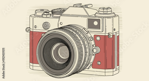 Detailed retro film camera illustration with classic vintage design and prominent lens on a neutral background, capturing old photography aesthetic.