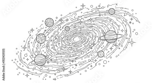 Detailed black and white line art illustration of a spiral galaxy, celestial bodies, orbiting planets, and stars in the vast universe.