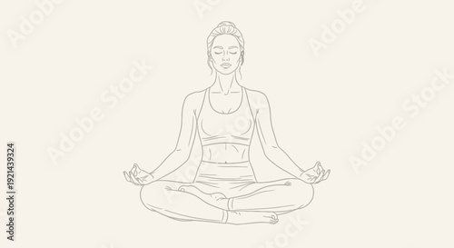 Peaceful Woman Meditating in Lotus Pose. Minimalist Line Art Illustration of Yoga Practice, Serenity, and Mindfulness.