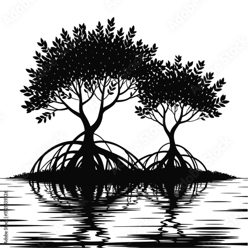Silhouetted mangrove trees rise from calm water creating a black and white scene