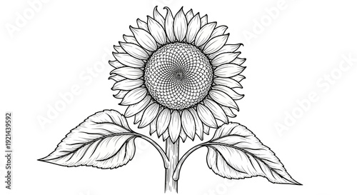 Detailed black and white line art illustration of a sunflower with leaves, botanical drawing, floral design element, isolated