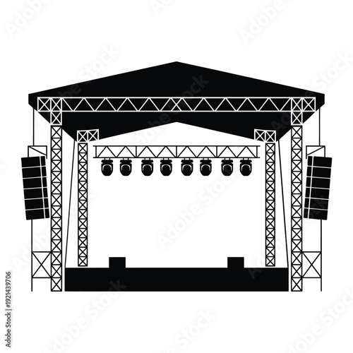 A black and white illustration of a stage with lighting and trussing