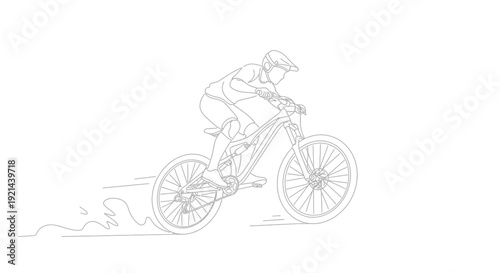 Dynamic line art illustration of a mountain biker racing downhill, generating dust. Outline vector drawing of extreme cycling sport.