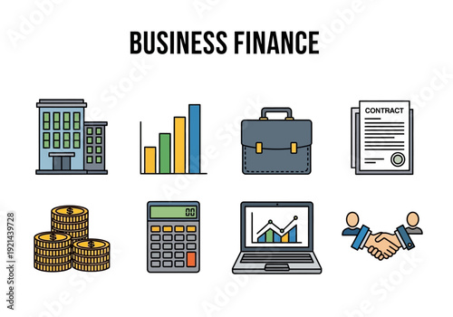 Business Finance Icons A Collection of Symbols Representing Financial Growth, Investment, and Corporate Operations
