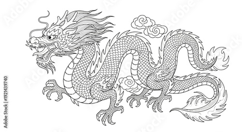 Intricate Chinese Dragon Line Art Illustration with Clouds, Traditional Oriental Mythological Creature for Graphic Design or Coloring