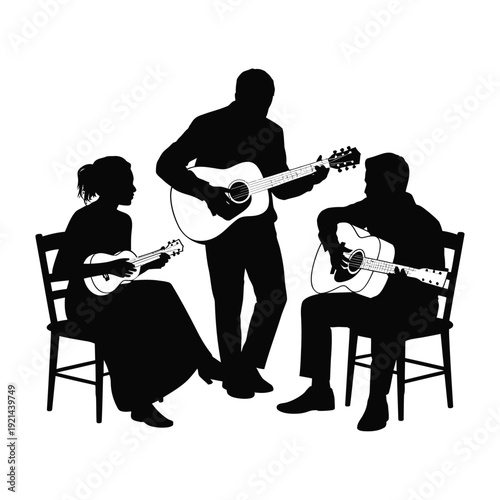 Silhouette of three musicians playing guitars in a casual setting