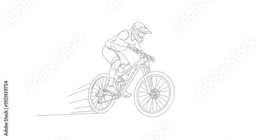 Dynamic continuous line art of a mountain biker in action, depicting speed, sport, and adventure. Extreme downhill cycling illustration.