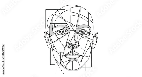 Minimalist geometric line art illustration of a human face, representing artificial intelligence, biometrics, identity, and data.