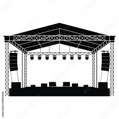 Black and white illustration of an outdoor stage with lighting and speakers