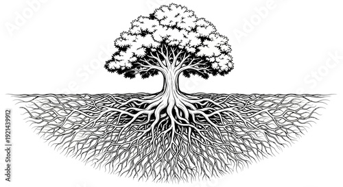 Detailed Black and White Illustration of a Strong, Mature Tree with an Extensive Underground Root System, Nature and Growth Concept