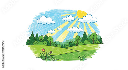 Idyllic sunny landscape illustration with rolling green hills a lush forest and a bright yellow sun with radiating rays.