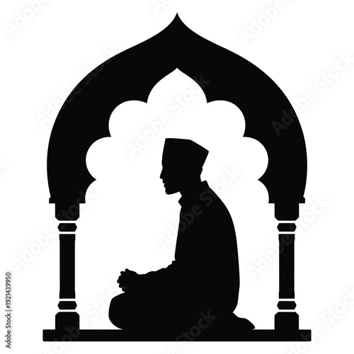 Silhouette of a man praying within an islamic architectural archway