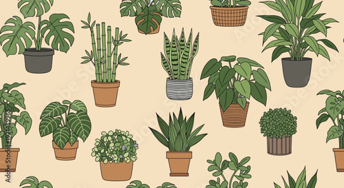Seamless color pattern of various potted houseplants including monsteras snake plants and cacti on a light neutral background.