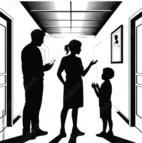 Silhouette of a family in a hallway appearing to converse