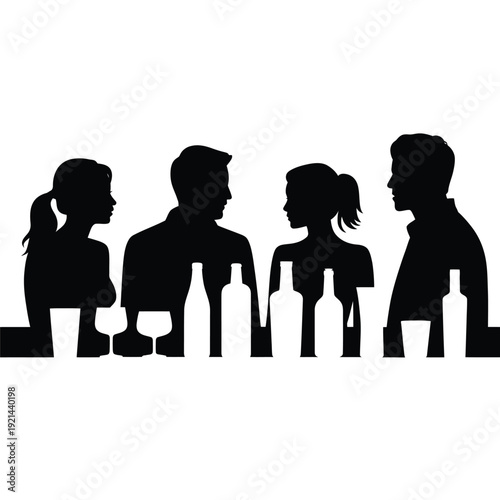 Silhouettes of four people standing closely together holding hands