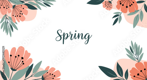 Spring themed background featuring peach colored flowers and green leaves in corners with elegant calligraphy text on a white space.