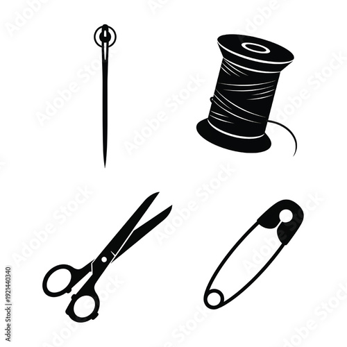 Sewing tools including needle, thread, scissors, and thimble on a plain background from a straightforward viewpoint