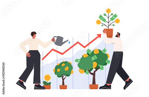Finance and investment growth. Planting and growing money in pot. Concept of money growth, profit, financial savings, financial investments.