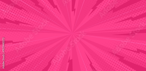 Pop art comic background with thunder burst. Pink sunburst effect background with halftone. Explosion radial lines abstract comic book, anime style, lightning. Vector illustration.