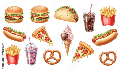 Watercolor Street Food Clipart Set – Burgers, Tacos, Hot Dogs & Snacks Illustration