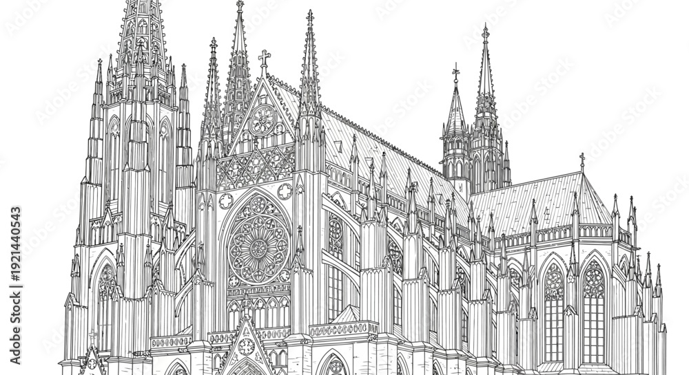 Fototapeta premium Detailed line art illustration of a majestic Gothic cathedral with towering spires. Classic European architecture, historic religious building design.