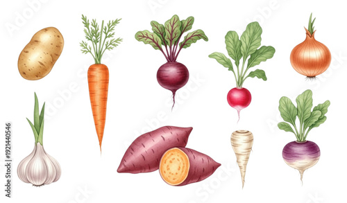 Hand-Painted Watercolor Root Vegetable Collection – Carrot, Potato, Garlic & Onion