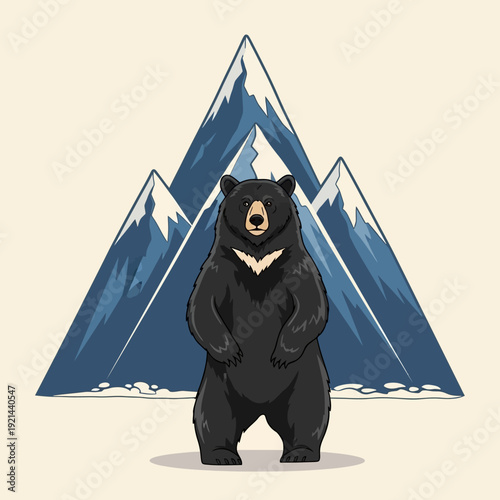Black Bear Standing Tall in Snowy Mountains Landscape