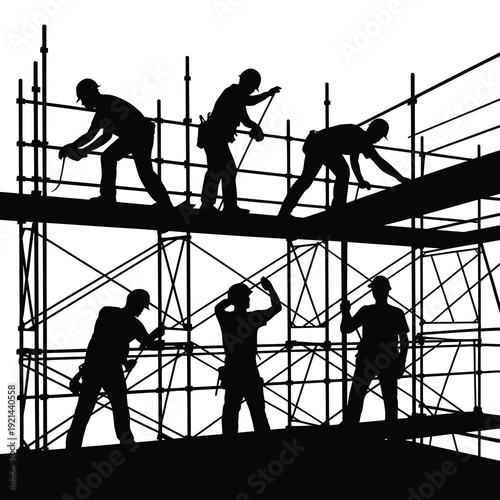Silhouetted construction workers building on scaffolding against a white background