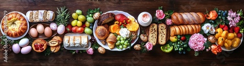 Colorful rustic brunch spread with breads pastries cheese fresh fruits varied eggs and flowers on wooden table, abundant cheerful morning scene