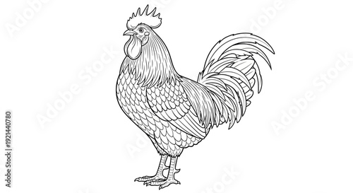 Detailed black and white line art illustration of a standing rooster, hand-drawn vector sketch of a farm fowl.