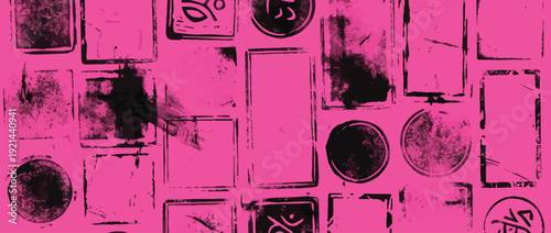 Xerox linocut stamps. Grunge linocut stamp texture collection. Vector dust overlay grain textures on bright pink background. Hand drawn abstract grungy effect for street art design. 